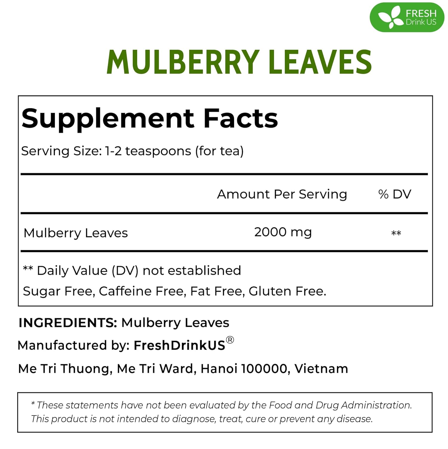 FreshDrinkUS, Permium 16oz Mulberry Leaves, 100% Natural & Pure from Mulberry Leaves, Loose Leaf Herbal Tea, No Additives, No Caffeine, Vegan