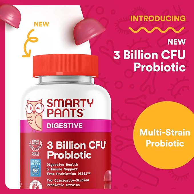 SmartyPants Adult Probiotic Gummies for Digestive Health: 3 Billion CFU, Gut Health and Immune Support Supplement, Clinically Studied Probiotic, Gluten Free, Strawberry, 30 Count (30 Day Supply)