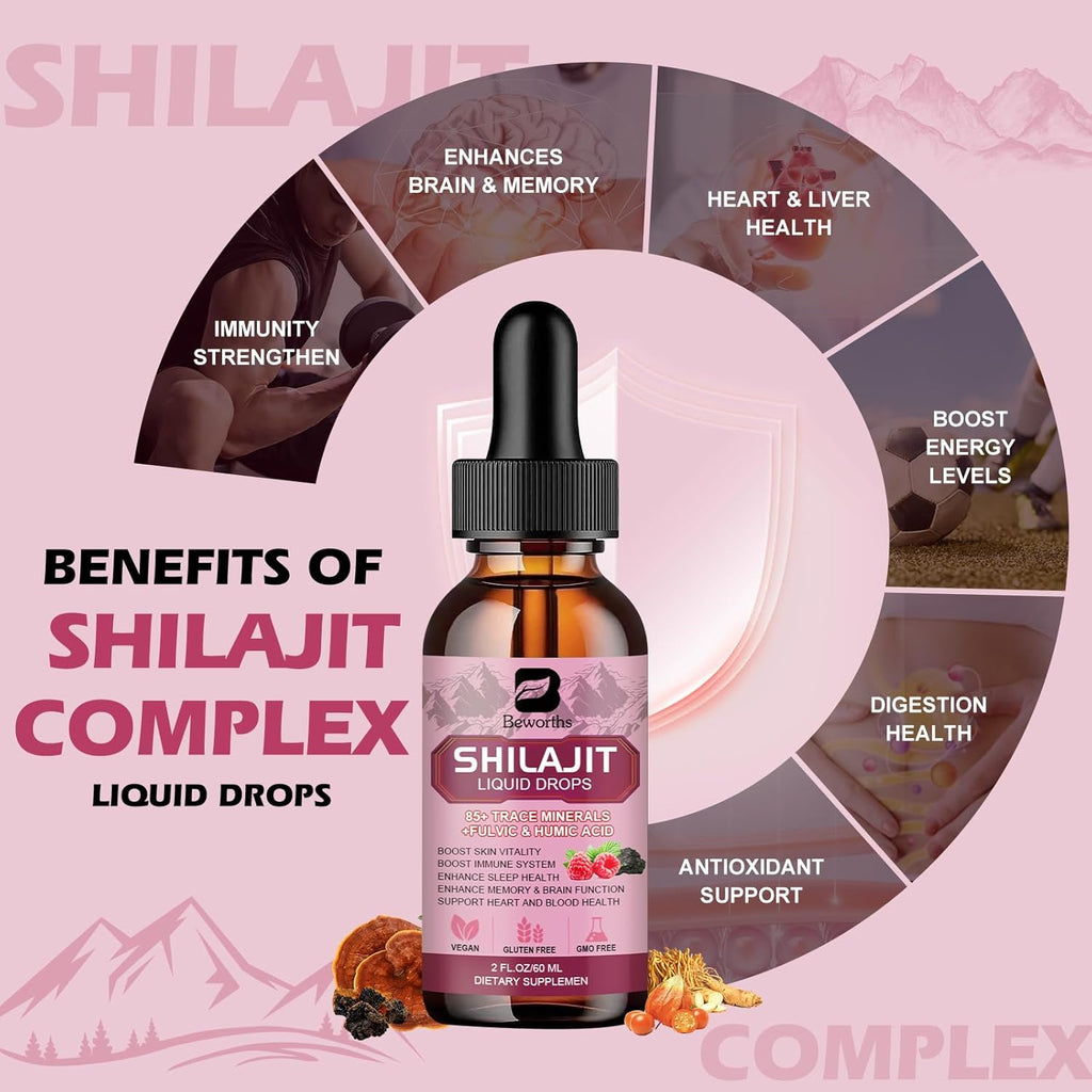 Shilajit Resin Liquid Drops | Organic Shilajit 85+ Trace Minerals Complex with Ashwagandha, Turmeric, Ginseng, Chaga Supplement for Digestion Support, Energy Booster - Vegan
