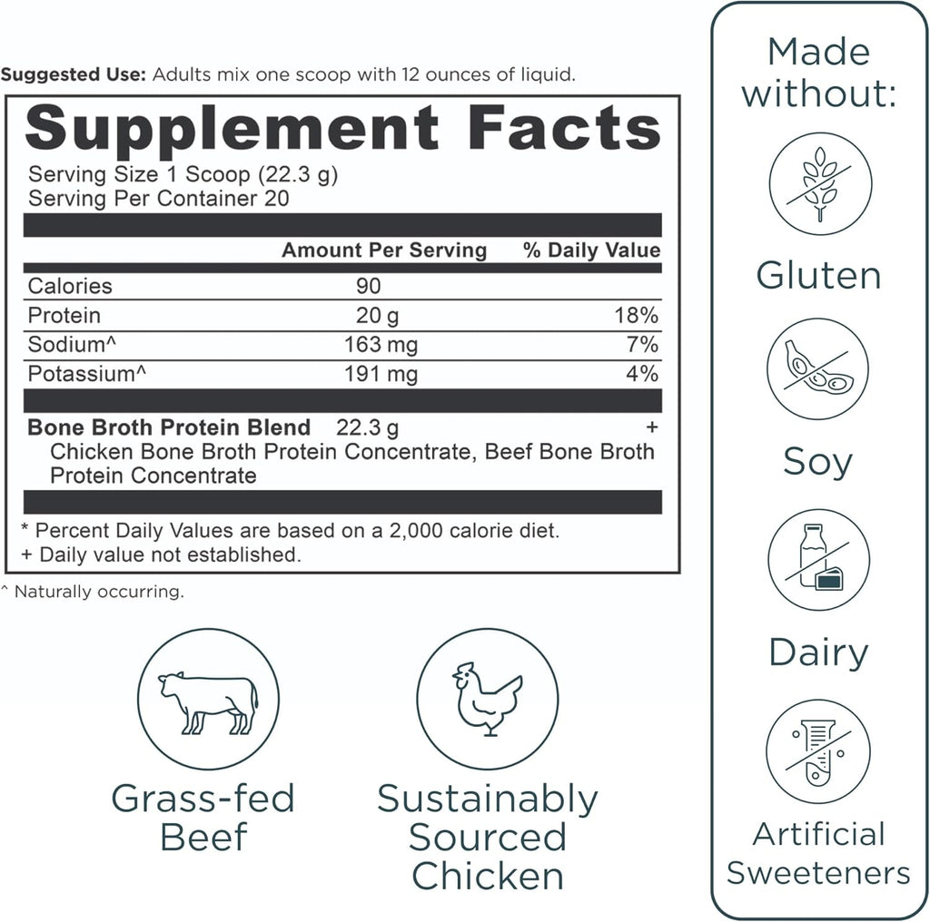 Ancient Nutrition Grass Fed & Cage Free Bone Broth Protein Powder, 20g Protein Per Serving, Hydrolyzed Collagen Peptides, Glucosamine, Chondroitin, Supports Joint & Gut Health, Pure, 20 Servings