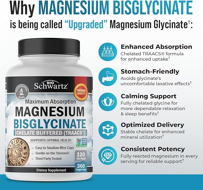 Magnesium Bisglycinate Chelated Supplement - High Absorption Magnesium Supplement for Muscle, Bone & Joint Support, Non-Laxative, Fully Buffered, Non-GMO, Maximum Bioavailability - 360 Capsules