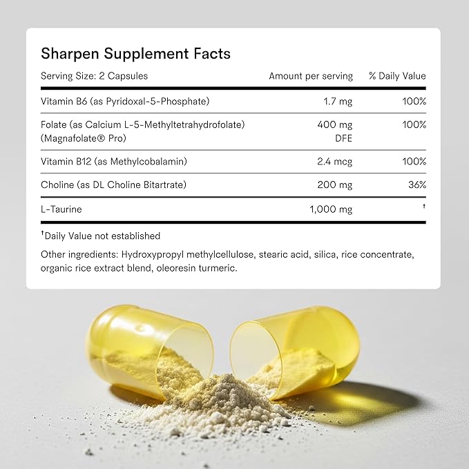 Tally Health Sharpen – Brain Supplement for Focus, Memory & Long-Term Cognitive Support | 1000mg Taurine, Choline & B-Complex | Vegan, Non-GMO, Nootropic for Cellular Brain Health