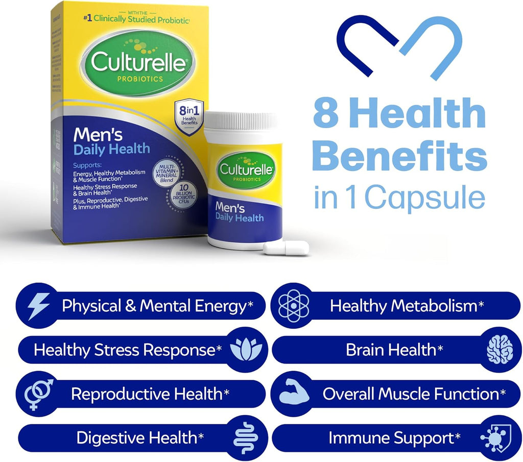 Culturelle Daily Health 8-in-1 Probiotic and Multivitamin for Men - 30 Count - Naturally-Sourced Probiotics for Digestive Health & Immune Support, with Magnesium, Vitamin D3, Vitamin C, Vitamin B12