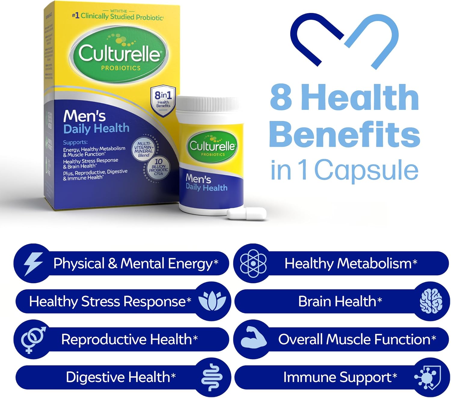 Culturelle Daily Health 8-in-1 Probiotic and Multivitamin for Men - 30 Count - Naturally-Sourced Probiotics for Digestive Health & Immune Support, with Magnesium, Vitamin D3, Vitamin C, Vitamin B12