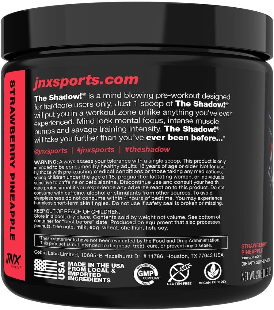 JNX SPORTS The Shadow! 350mg of Caffeine Hard Core Preworkout - Strawberry Pineapple 30 Servings | Electric Energy, Mental Focus & Superhuman Strength for Men & Women