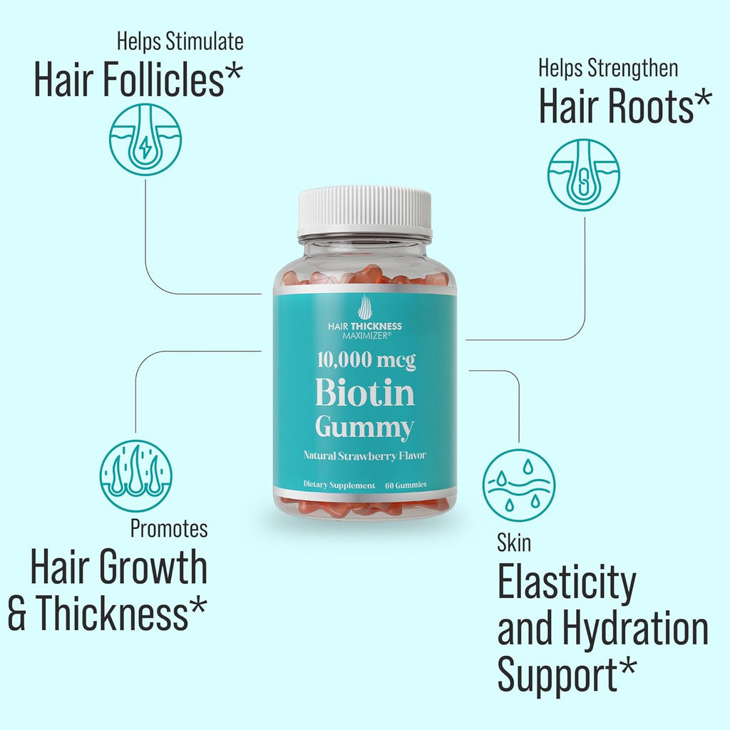 Ultra High Strength Biotin Gummies for Hair Growth for Women and Men. Gelatin Free, Vegan Biotin 10000mcg Chewables for Stronger Hair Skin and Nails. Great Tasting Strawberry Flavored Gummy