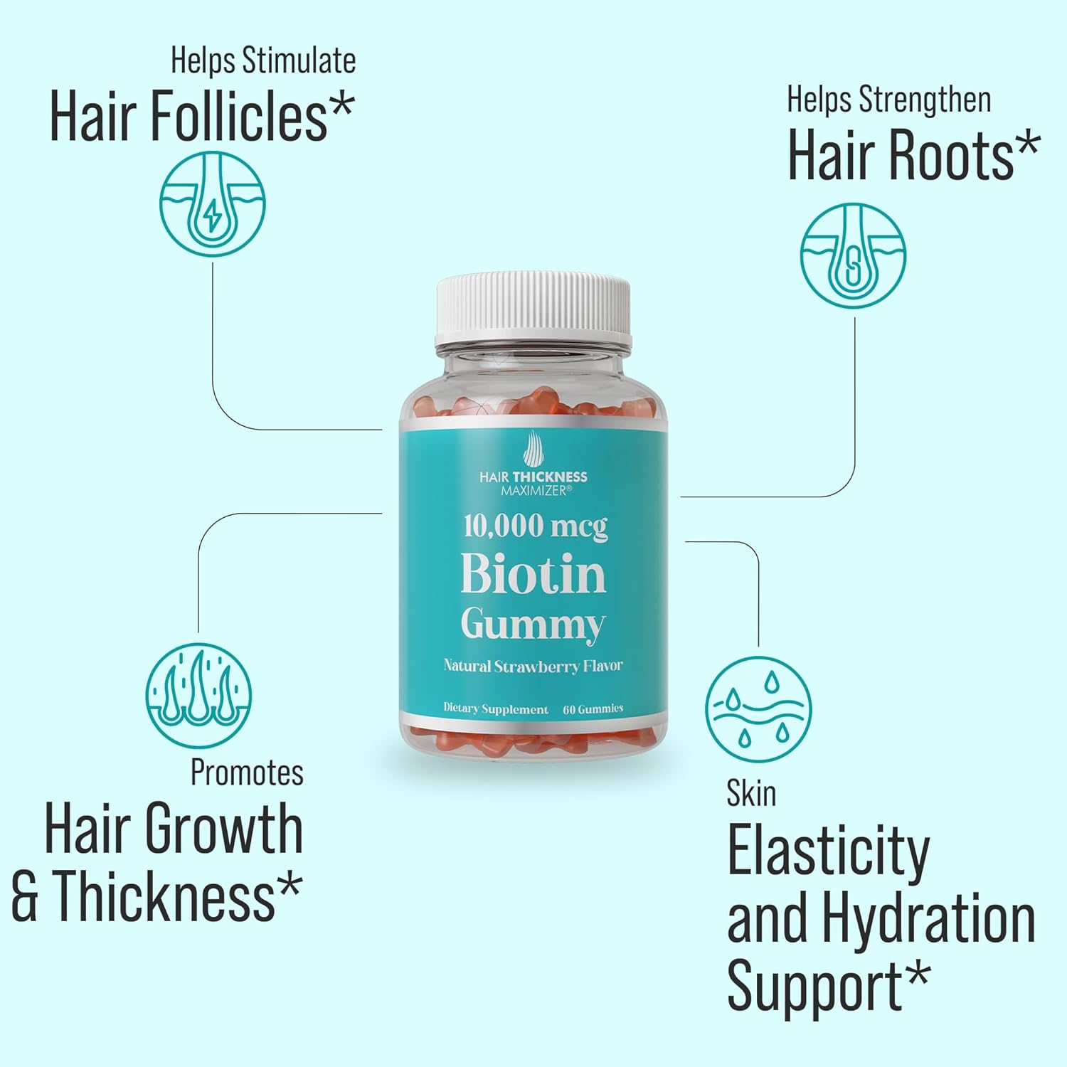 Ultra High Strength Biotin Gummies for Hair Growth for Women and Men. Gelatin Free, Vegan Biotin 10000mcg Chewables for Stronger Hair Skin and Nails. Great Tasting Strawberry Flavored Gummy