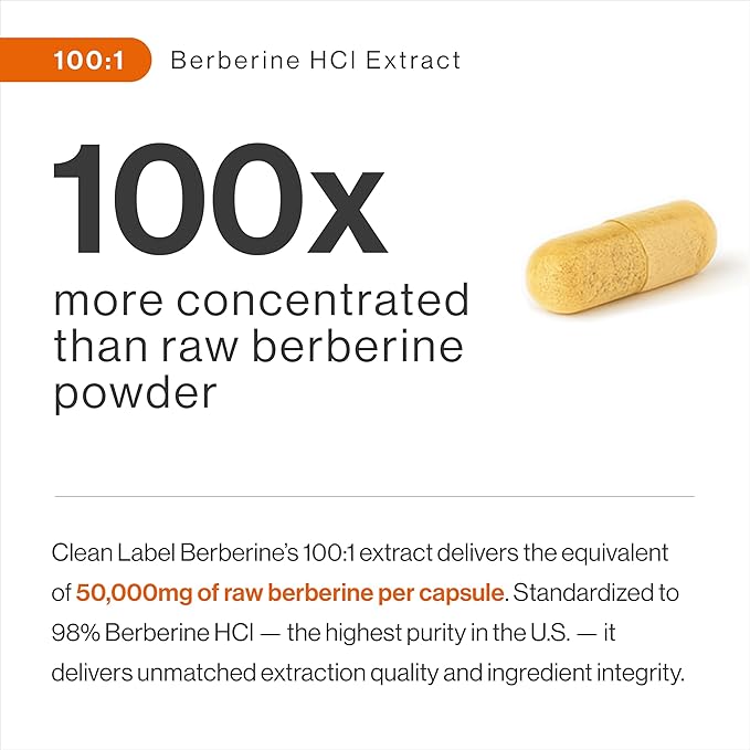 Clean Label Berberine, Ultra High Strength Berberine Supplement 100x More Concentrated | 98% Berberine HCl, Highest Purity in US | 500mg Capsules | Triple Tested | Made in USA, cGMP Certified