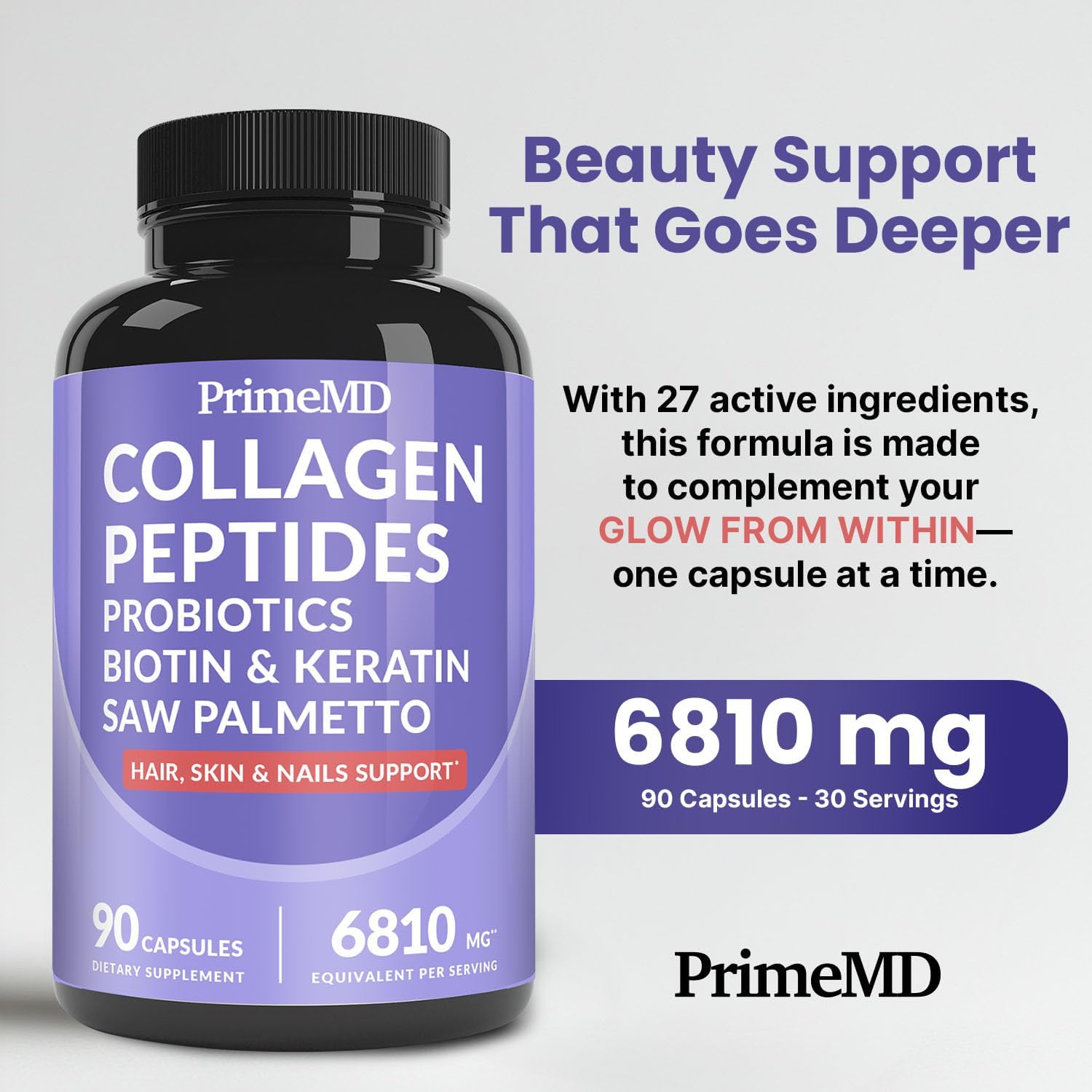 27-in-1 Hair Skin and Nails Vitamins (6810mg) with Biotin 10000mcg - Collagen Supplements for Men and Women - Keratin Supplements with Probiotics and Saw Palmetto, 90ct