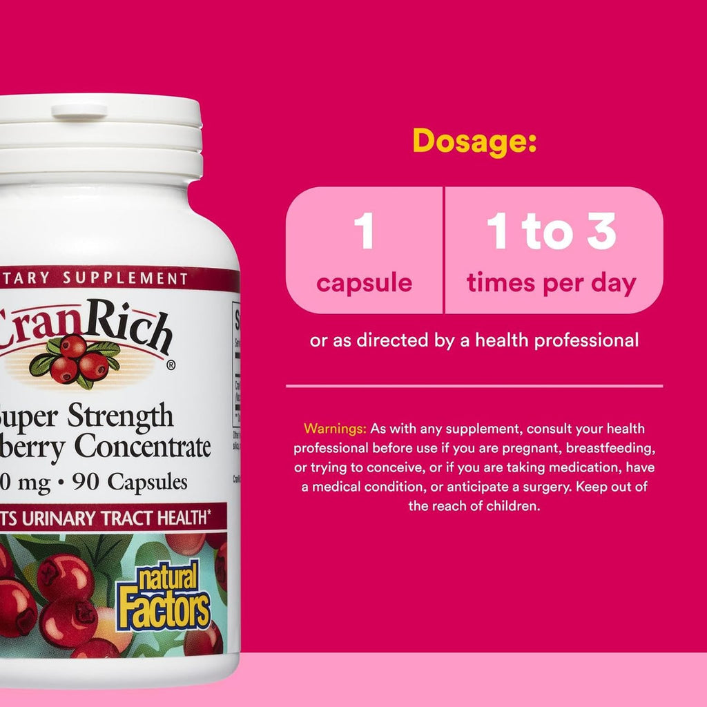 CranRich by Natural Factors, Super Strength Cranberry Concentrate, Antioxidant Supplement for Urinary Tract Support, Non-GMO, 90 Capsules