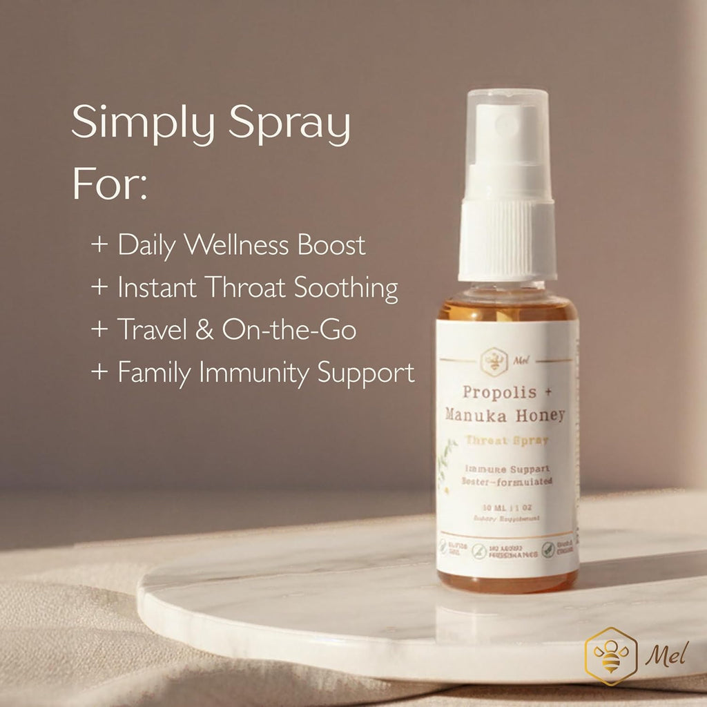 Mel Propolis and Manuka Honey Throat Spray with Lemon for Natural Immune Support & Sore Throat Relief 1 Fl Oz, Antioxidants, Keto, Paleo, Gluten-Free,