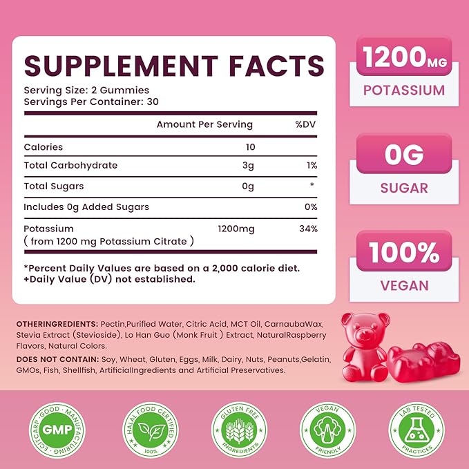 Potassium Citrate Gummies 1200mg, Sugar-Free Potassium Supplement for Adults Women & Men, Supports Leg Cramps & Muscle & Heart Health, Vegan, Gluten Free - Raspberry Flavor (60 Count)