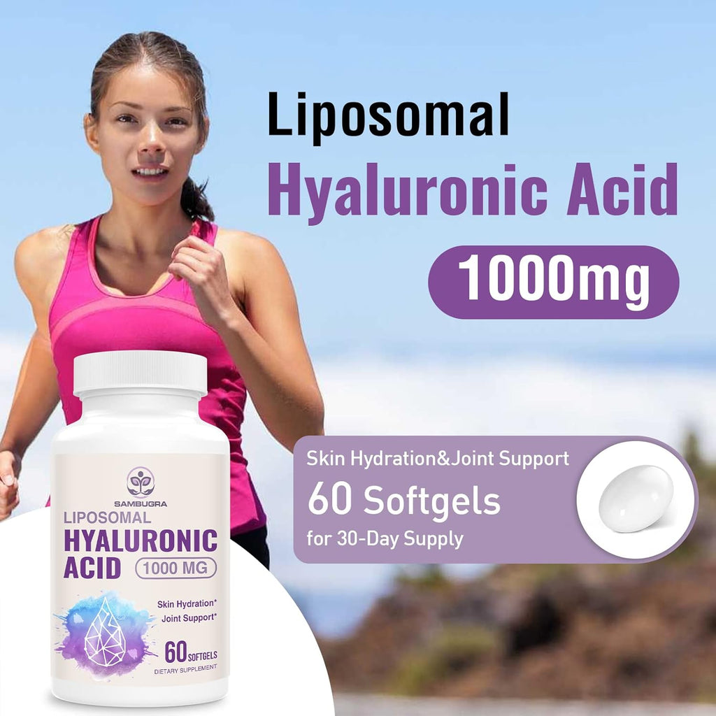 Liposomal Hyaluronic Acid 1000mg, High BioavailabilityHyaluronic Acid Capsules, Dietary Supplement Support Skin and Bones, 60 Capsules