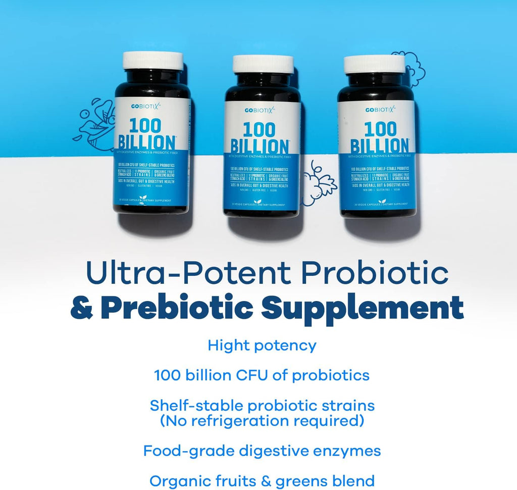GOBIOTIX 100 Billion - Digestive Enzymes Supplement - Probiotics Multivitamin - Prebiotic Fiber Blend - 100 Billion CFU - Organic Fruit and Greens Blend - Vegan, Non GMO - 30 Capsules
