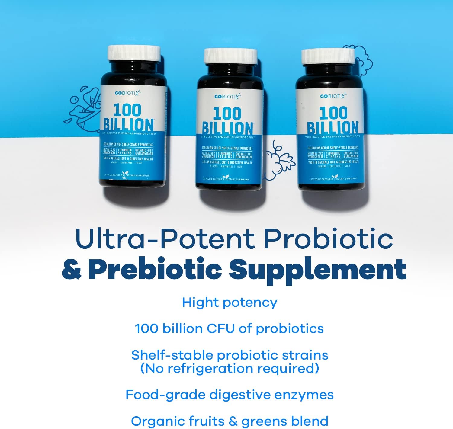 GOBIOTIX 100 Billion - Digestive Enzymes Supplement - Probiotics Multivitamin - Prebiotic Fiber Blend - 100 Billion CFU - Organic Fruit and Greens Blend - Vegan, Non GMO - 30 Capsules