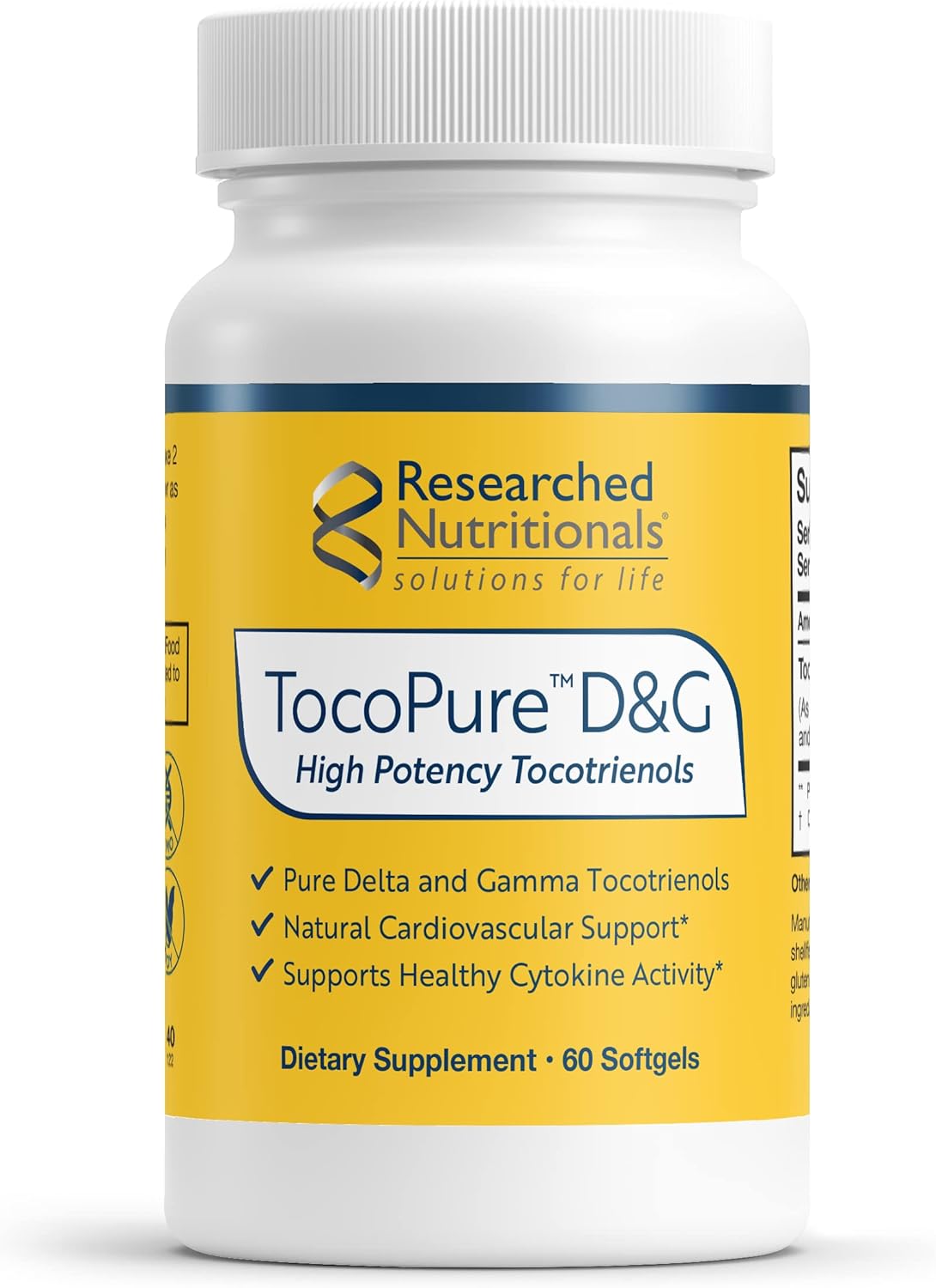 Researched Nutritionals TocoPure D&G - Vitamin E Tocotrienols - Antioxidants Supplement to Support Cellular, Lipid Metabolism & Heart Health - Gamm & Delta Tocotrienol Complex (60 Softgels)