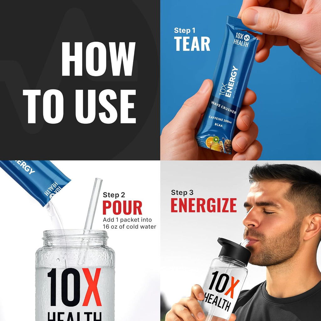 10X Health - Energy Wave Crusher - Energy Drink with 200mg Caffeine, BCAAs, B Vitamins, Accelerated Absorption - Tropical Punch Pre-Workout Drink - 15 Drink Mix Packets (Wave Crusher - Energy)
