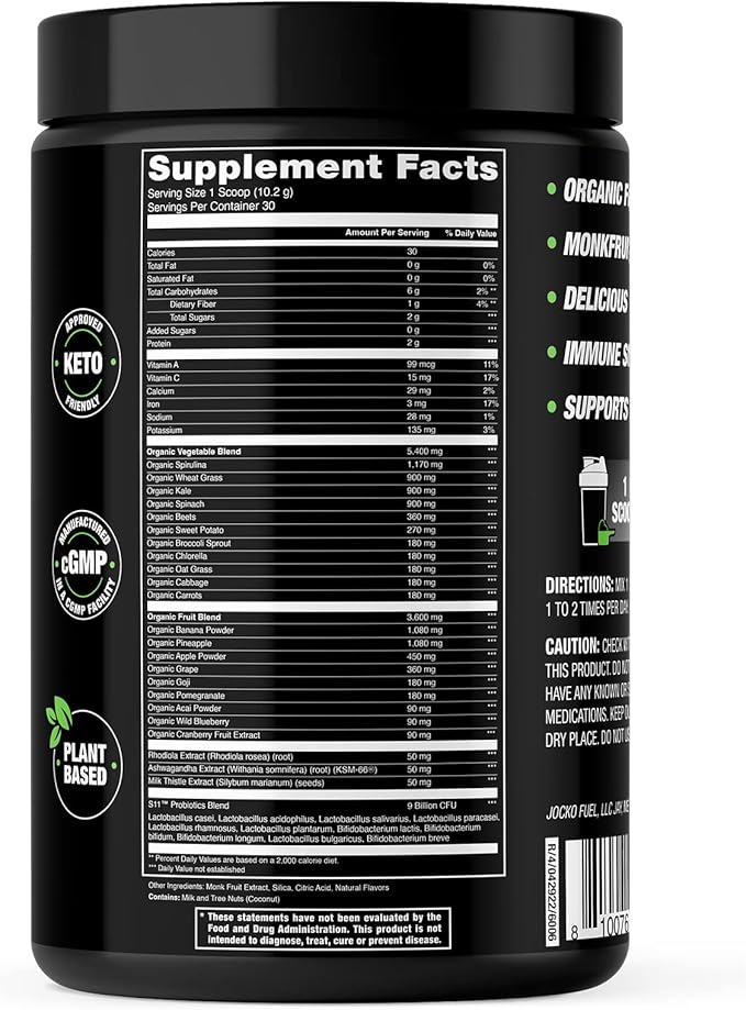 Jocko Fuel Greens Powder Bundle - Greens & Superfood Powder for Healthy Green Juice - Keto Friendly with Spirulina, Chlorella, Digestive Enzymes, & Probiotics - 60 Servings