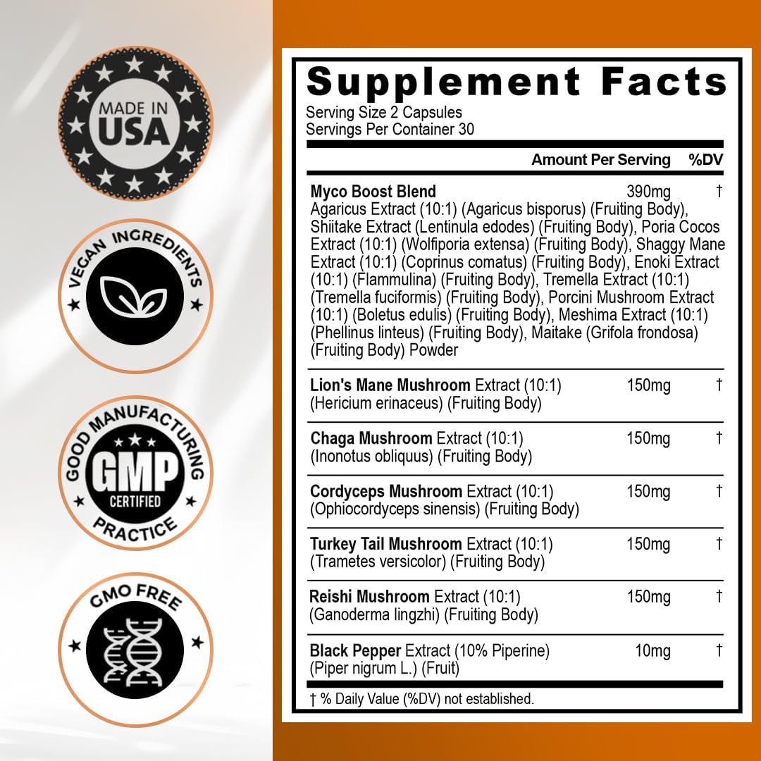 Lions Mane Mushroom, Turkey Tail, Chaga & Reishi, Cordyceps Shiitake White Elm King Trumpet Nameko Oyster Porcini Focus & Energy - Made in USA (60 Capsules (Pack of 1))