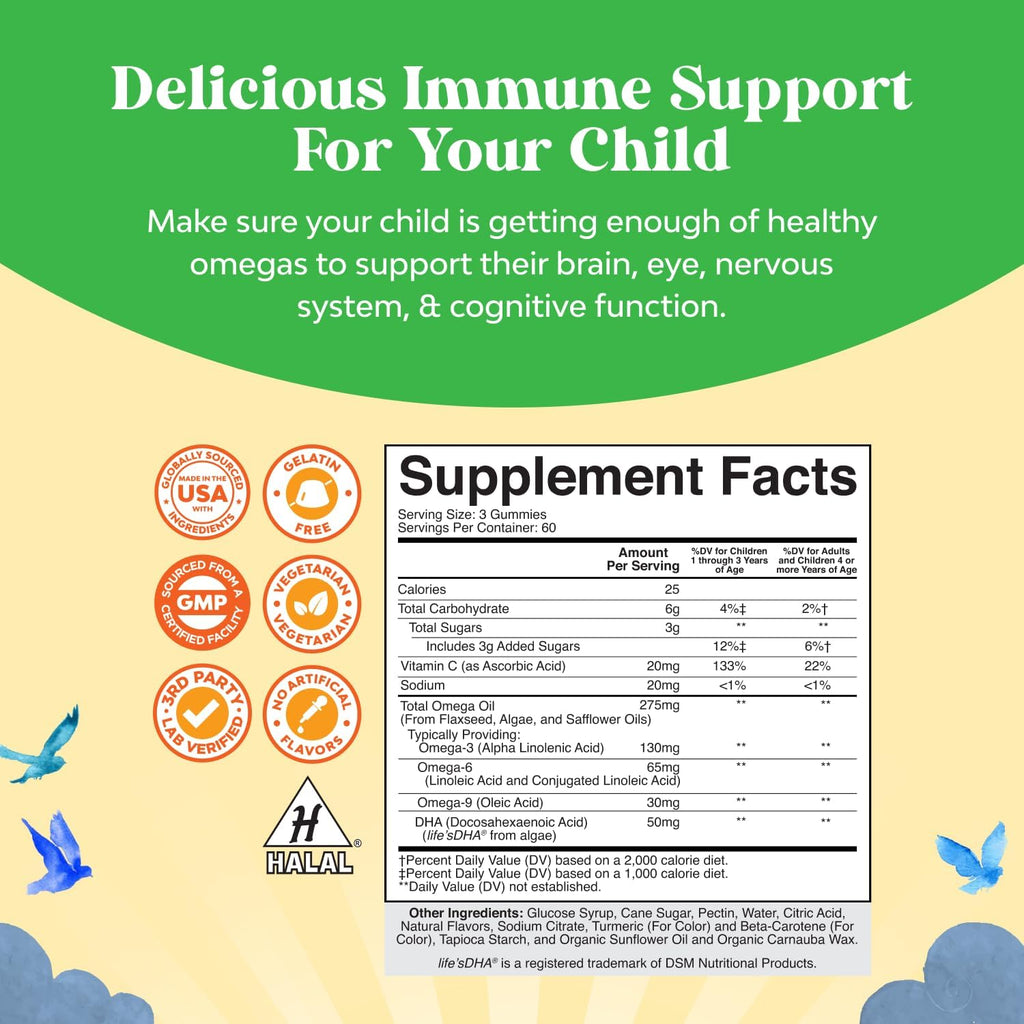Omega DHA Gummies for Kids - Fatty Acids Omega 3 6 9 with Vitamin C for Brain, Immunity & Vision - Nutritional DHA for Kids for Healthy Nervous System & Focus Support - Fish Free & Vegan - 180 Chews