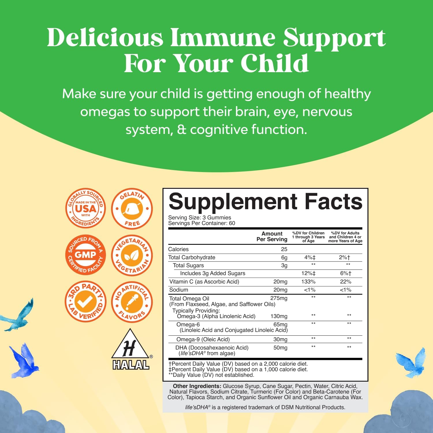 Omega DHA Gummies for Kids - Fatty Acids Omega 3 6 9 with Vitamin C for Brain, Immunity & Vision - Nutritional DHA for Kids for Healthy Nervous System & Focus Support - Fish Free & Vegan - 180 Chews