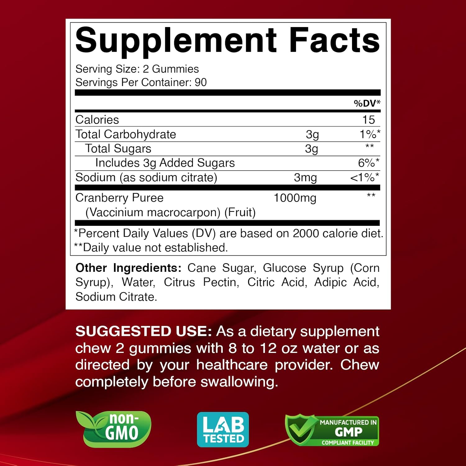 Cranberry Gummies Urinary Tract Health Supplement - 1000mg - 180 Pectin Based Gummies