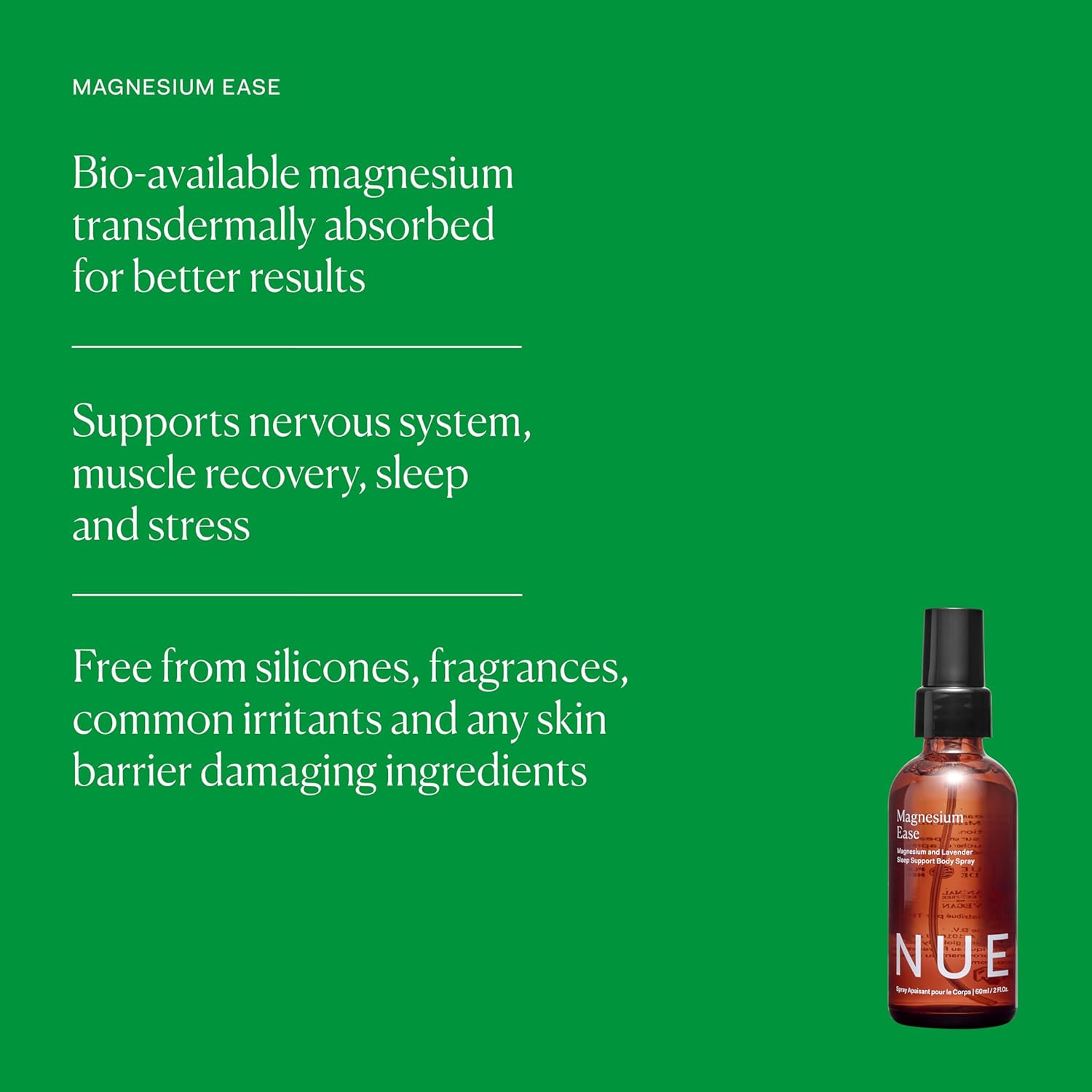 The Nue Co Magnesium Ease Skin Spray for Muscle Pain & Tension Relief with Lavender & Arnica Oil High Absorption Sports Recovery & Sleep Vegan, Paraben-Free, Non-Toxic, 60ml