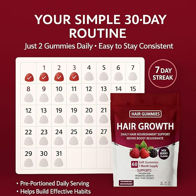 Lumin Hair Growth Gummies – Daily Hair Nourishment with Biotin, Collagen & Botanical Extracts – Supports Thicker, Stronger & Healthier-Looking Hair – Mixed Berry Flavor, 60 Gummies (2)