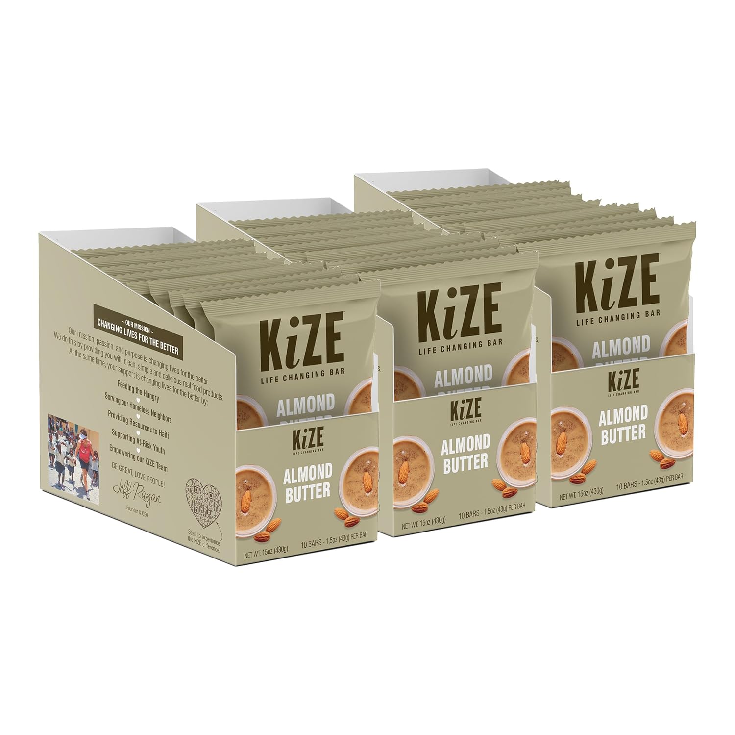 KiZE Energy Bars - Almond Butter - 30-Count - Almond-Butter-Based, Gluten Free, Non-GMO, and High Protein Meal Replacement Energy Bars, Clean and Simple Food Ingredients - 10g High Protein Snacks (30 Count)