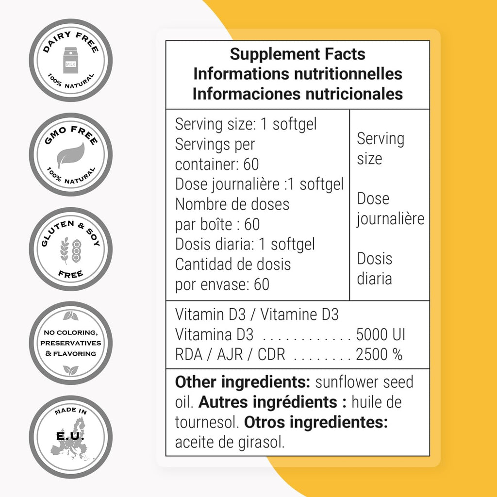 Supersmart - Vitamin D3 5000 IU per Day (125mcg) - High Potency & Bioavailability - with Sunflower Oil | Non-GMO & Gluten Free - 60 Softgels