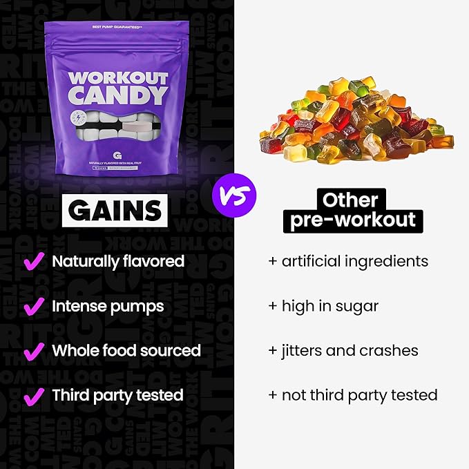 Gains in Bulk Workout Candy, Pre Workout Chews with Creatine and Caffeine for Energy, Focus, Muscle and Pump, Nitric Oxide Support, Supplements for Men and Women, Sour Fruit, 90 Vegetarian Chews