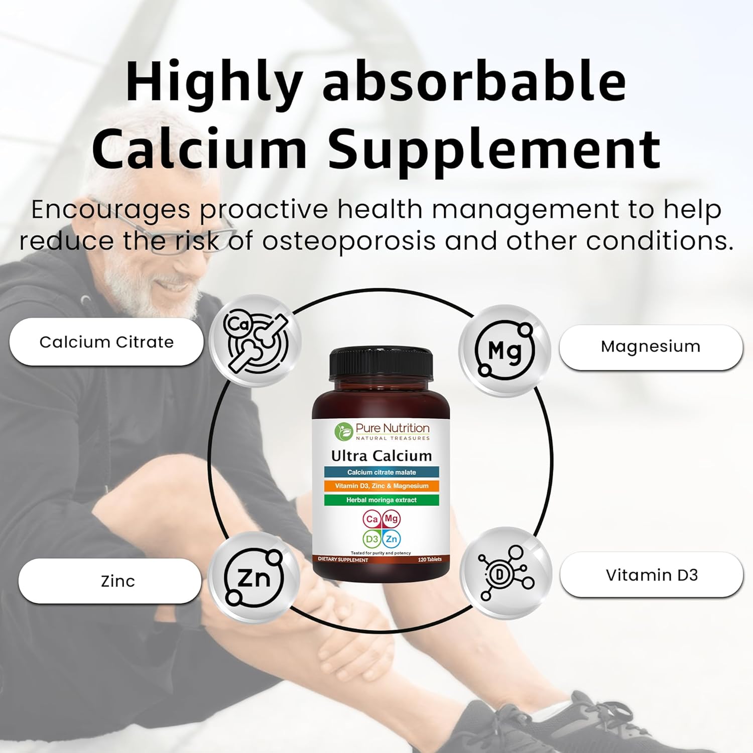 Pure Nutrition Ultra Calcium 1000mg with VIT D3 + K2 | 240 Tabs (120 X Pack of 2) | Highly absorbable Calcium Supplement with Calcium Citrate Malate, VIT D3, K2, Moringa Oleifera, Magnesium and Zinc.