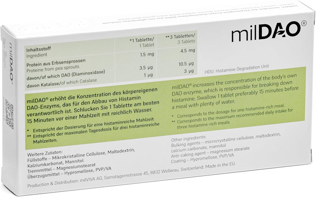 milDAO® – 60 Vegan Tablets | DAO Enzyme Supplement for Histamine Intolerance | 1,000,000 HDU per Tablet | with Catalase | Lyophilized | Foil Pouch with Silica Gel for Maximum Stability