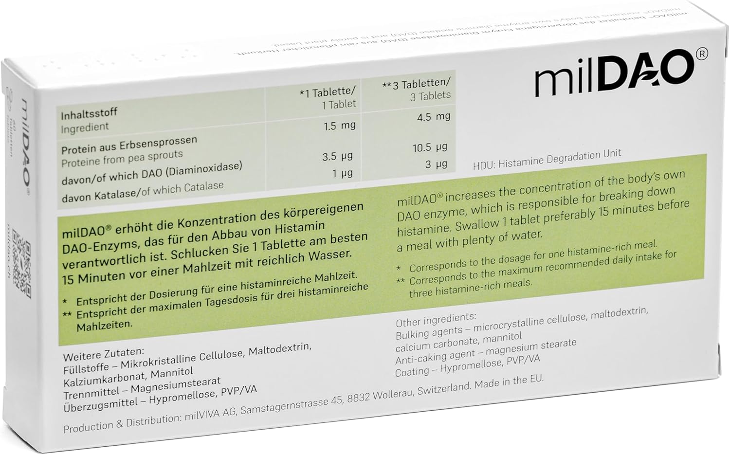 milDAO® – 30 Vegan Tablets | DAO Enzyme Supplement for Histamine Intolerance | 1,000,000 HDU per Tablet | with Catalase | Lyophilized | Foil Pouch with Silica Gel for Maximum Stability