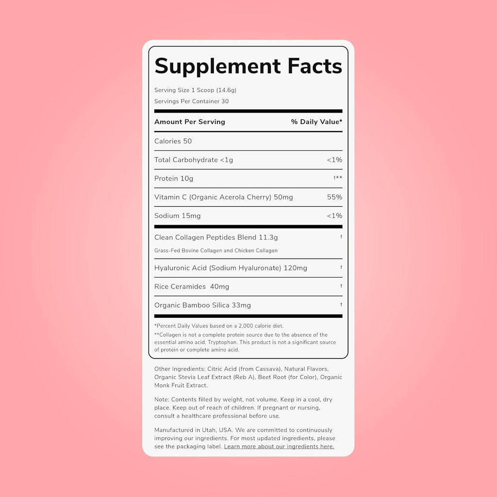 Clean Simple Eats Collagen Powder + Beauty Blend, Strawberry Colada, Hydrolyzed Collagen Peptides from Grass Fed Bovine & Chicken, Hyaluronic Acid for Hair, Skin, Nail & Joint Support, 30 Servings