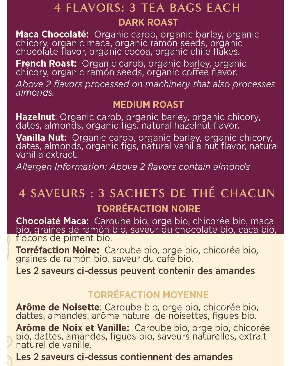 Teeccino Herbal Tea Sampler Assortment - 12 Tea Bags - Maca Chocolaté, French Roast, Hazelnut, Vanilla Nut - Roasted Caffeine Free Herbal Tea, Prebiotic for Natural Energy