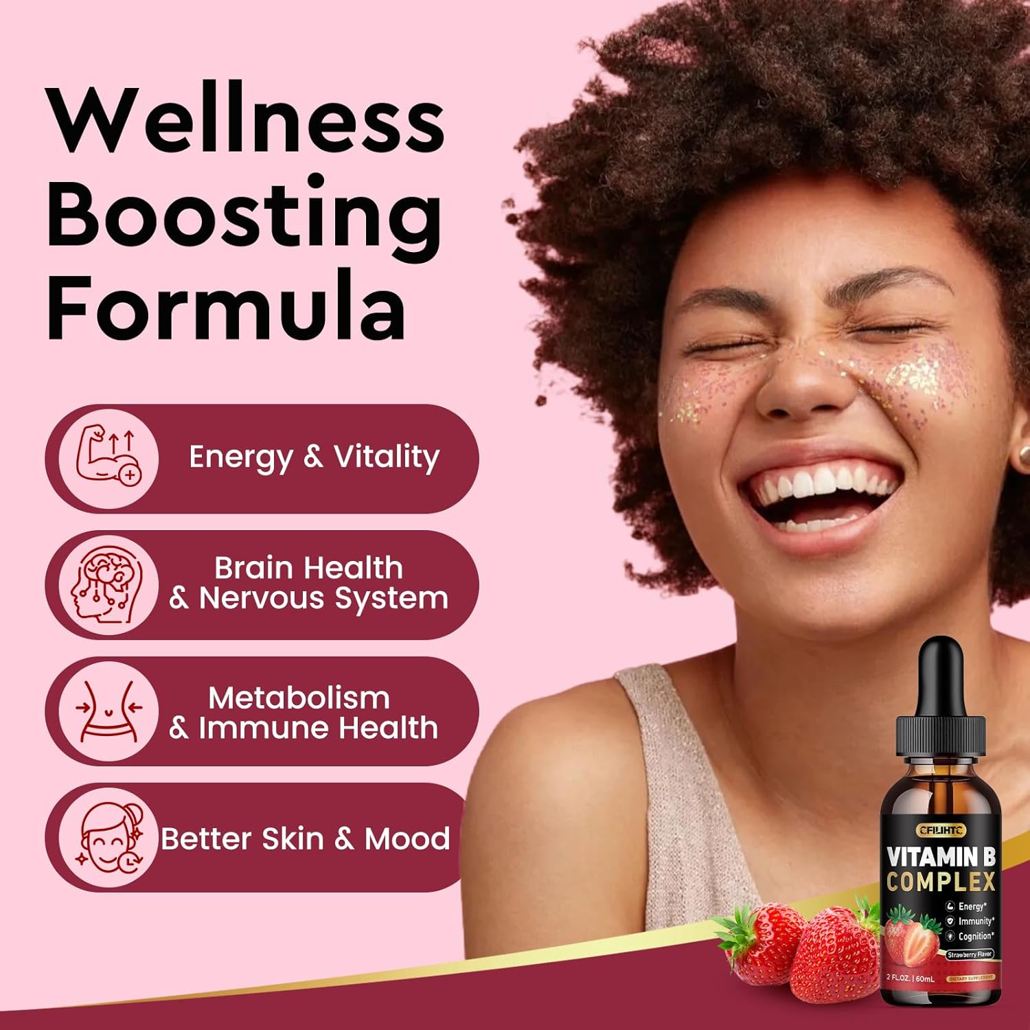 Vitamin B Complex Liquid Drops, B Vitamins Complex Supplement with B1, B2, B3, B5 B6, B7, B9 & Methyl B12 Drops for Adults & Kids, Vegan, Strawberry Flavor