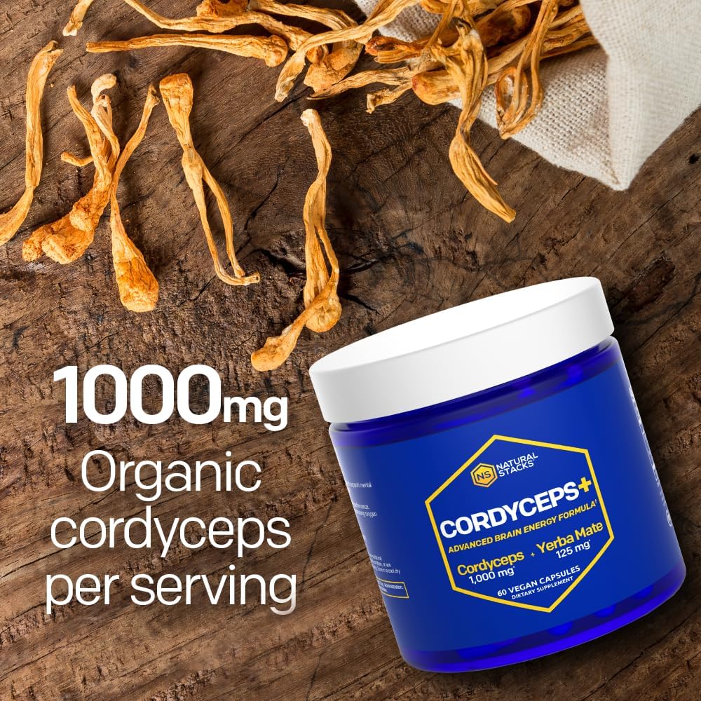 Cordyceps Mushroom Capsules - 1000mg Cordyceps Extract & 125mg Yerba Mate Extract - 100% Fruiting Body Mushroom Supplement - Supports Brain Energy & Cognitive Performance - 60 Yerba Mate Capsules