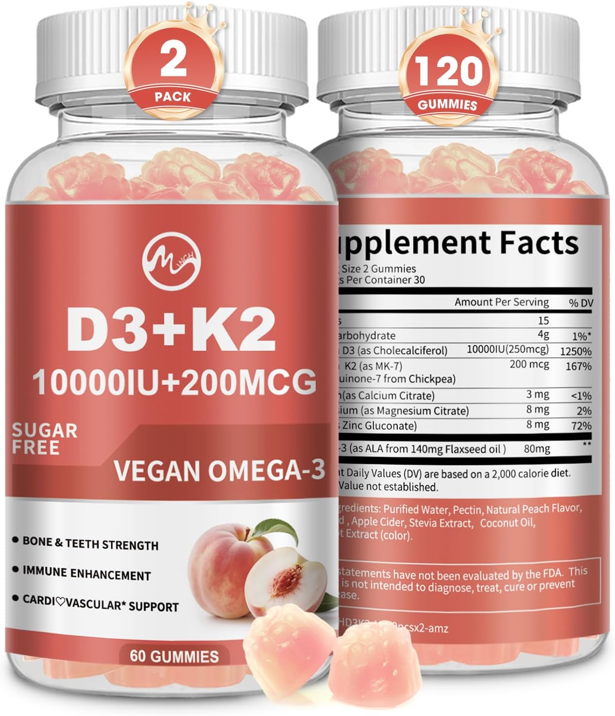 Vitamin D3 K2 Gummies, Vitamin D3 10000IU, K2 (MK-7) 200mcg, 6-in-1 Vitamina D3 Con K2 Supplement with Omega-3, Magnesium, Calcium and Zinc for Bones, Teeth & Immune Support, Sugar Free, 2 Packs