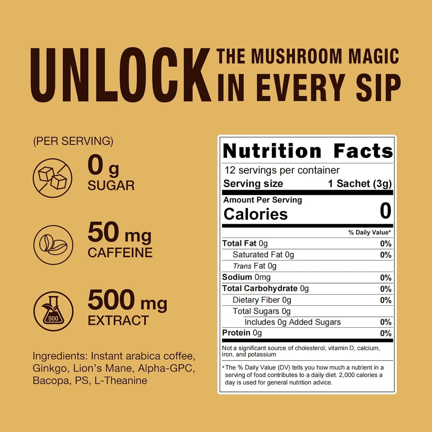 Mushroom Coffee Mix 7 in 1, with Ginkgo, Lions Mane, Alpha-GPC, Bacopa, PS, L-Theanine – 12 Sachets