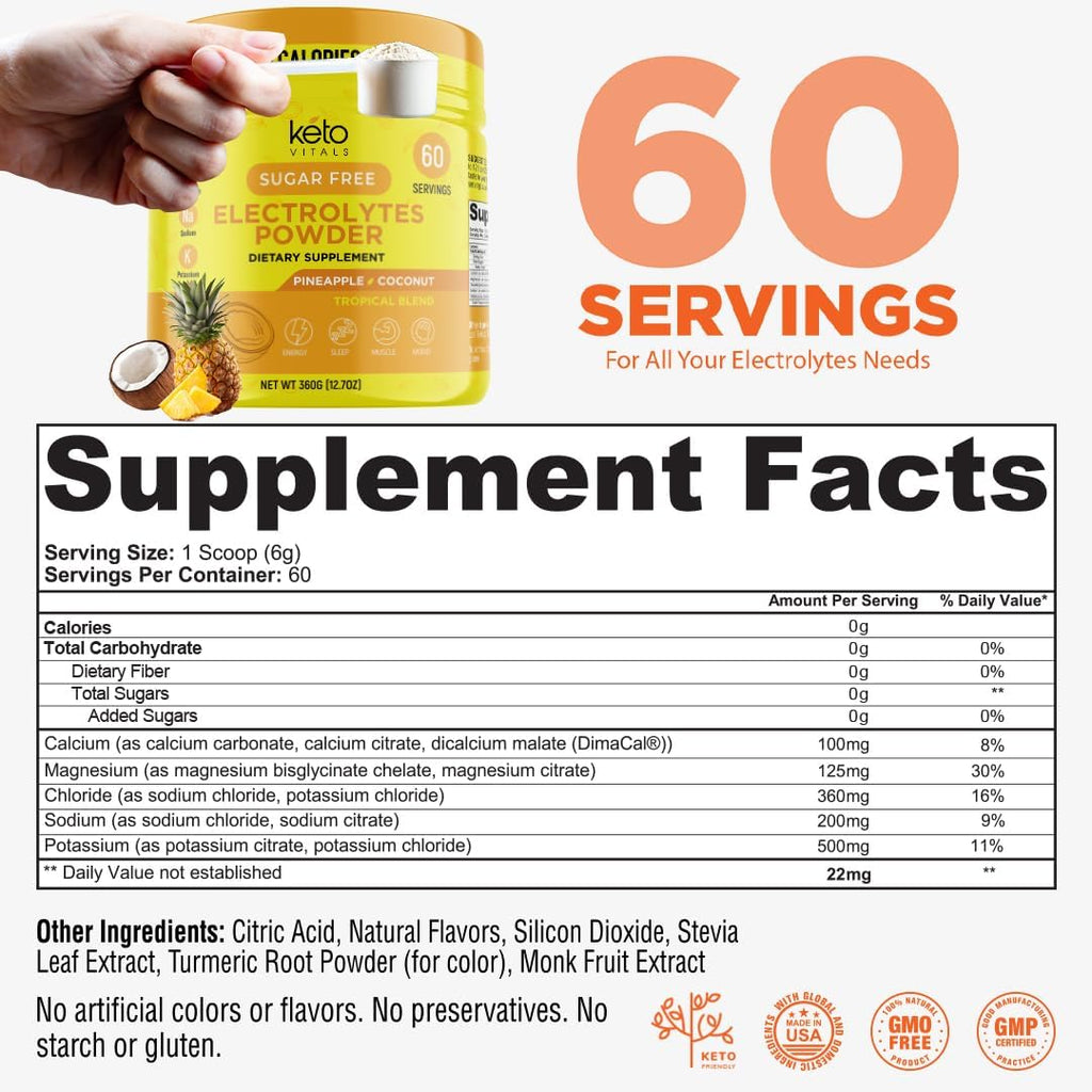 Keto Vitals Electrolytes Powder - Sugar Free Keto Electrolytes Powder with Potassium, Magnesium, Sodium, & Calcium - No Sugar Electrolyte Drink Mix & Hydration Powder, 60 Servings, Pineapple Coconut