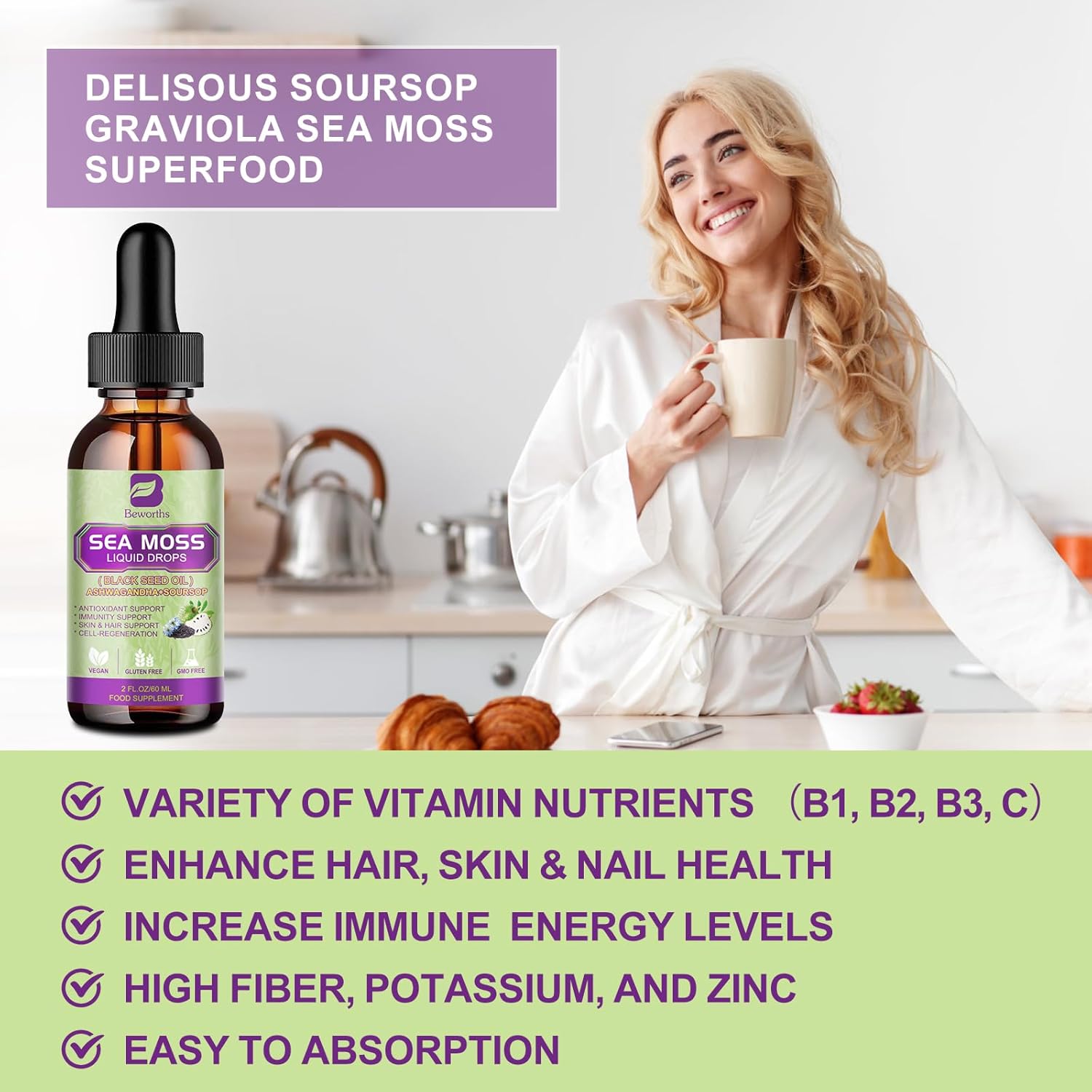 Sea Moss Liquid Drop - Black Seed Oil & Irish Sea Moss Gel with Ashwagandha, Soursop Bitters, Burdock Root, Bladderwrack, Elderberry, 6X Stronger Seamoss Supplment for Immune, Gut Health, Hair Support