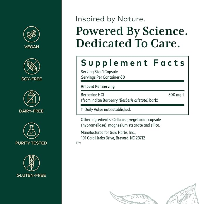 GAIA HERBS PRO Berberine Metabolic - Supplement Supplement with Berberine HCI - Vegan, Gluten-Free, Soy-Free - 60 Capsules (60 Servings)