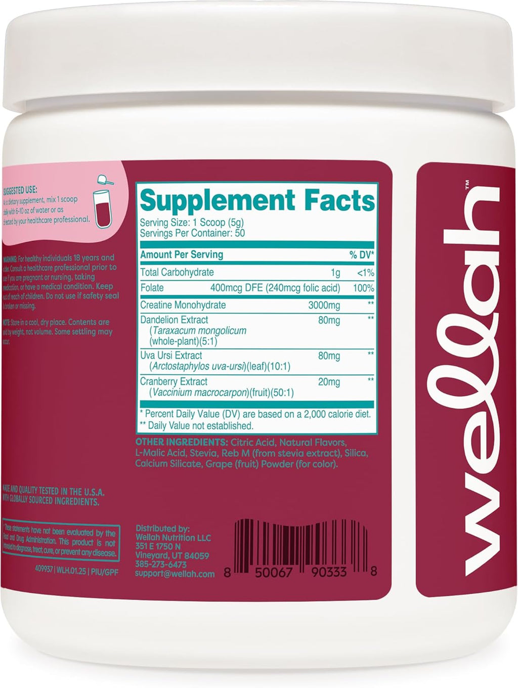 Wellah Creatine for Women - Creatine Monohydrate with Dandelion & Cranberry Extract (50 Servings, Guava Passionfruit)