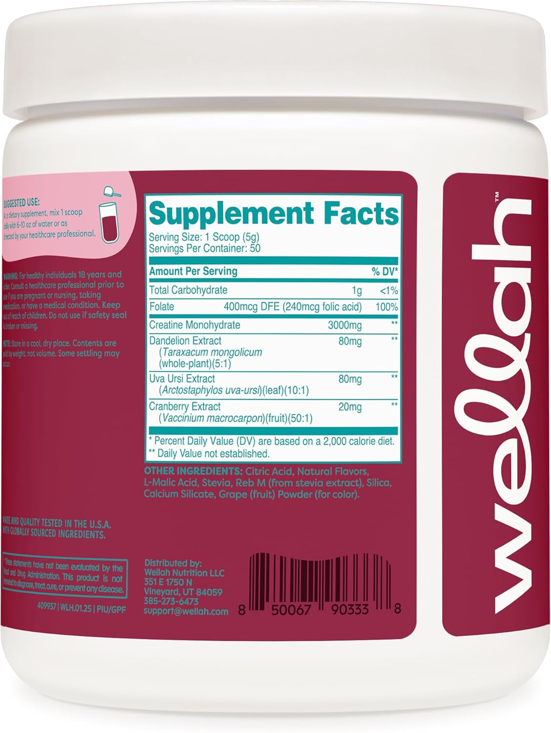Wellah Creatine for Women - Creatine Monohydrate with Dandelion & Cranberry Extract (50 Servings, Guava Passionfruit)