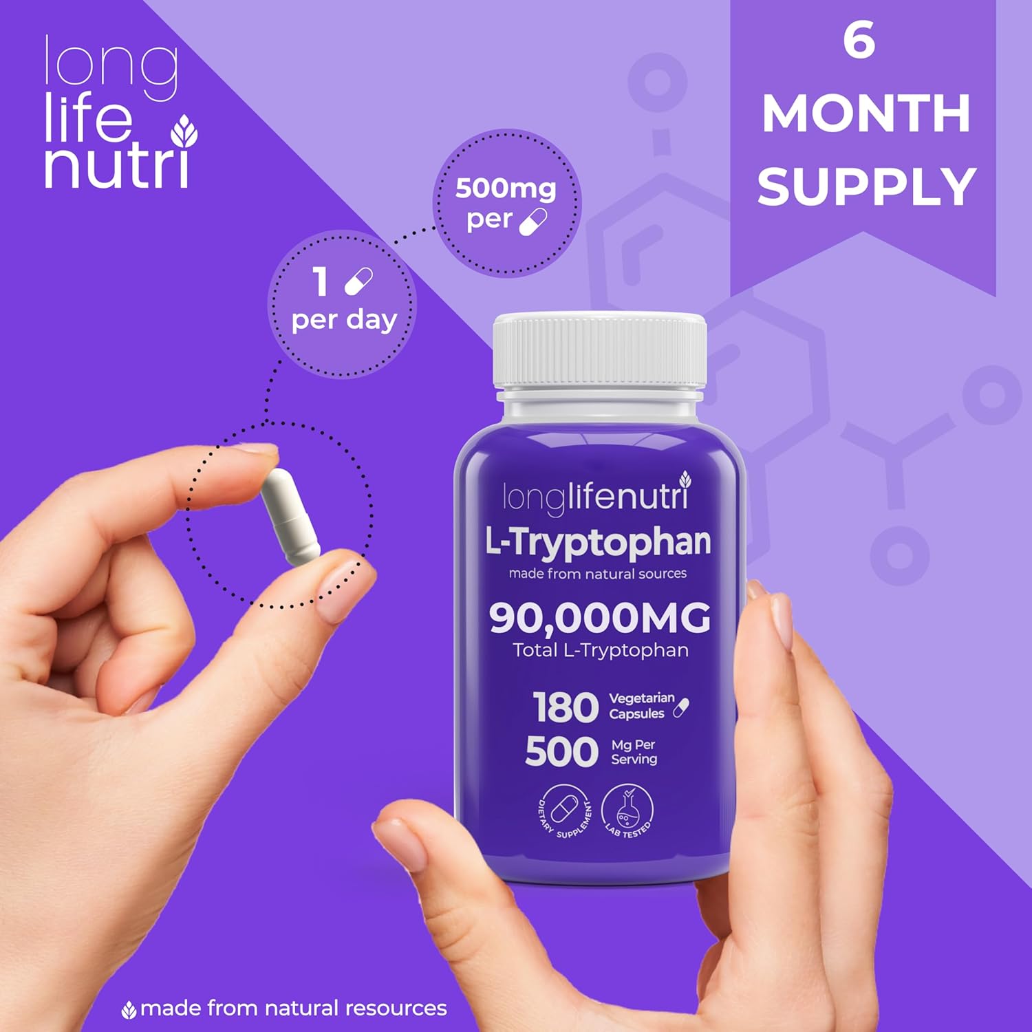 L-Tryptophan 500mg – 180 Vegetarian Capsules, 6-Month Supply, for Sleep Aid and Mood Stability, Lab Tested, Made in USA, Non-GMO