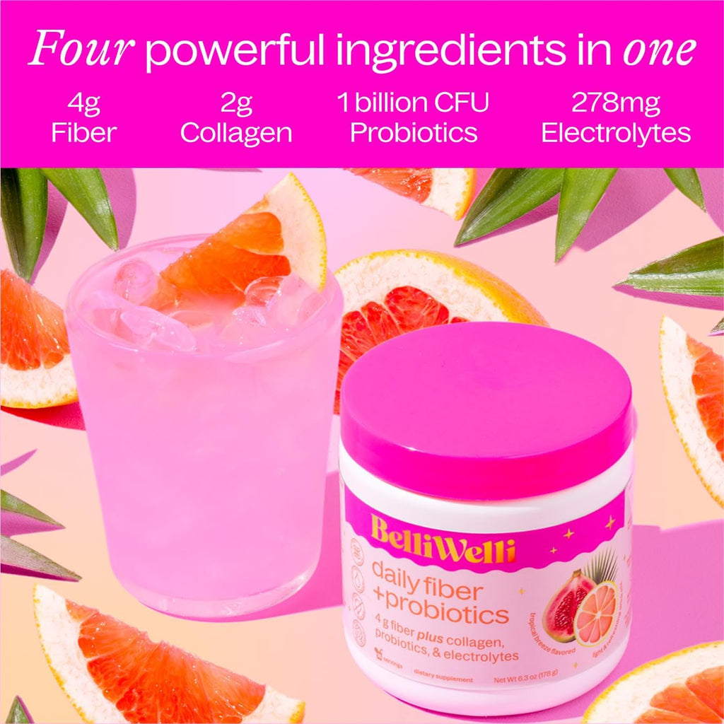 BelliWelli Fiber Supplement for Women & Men – Premium Daily Fiber Powder from Organic Acacia with Added Collagen, Electrolytes & Probiotics – No Bloat, Constipation & Gut Health Support (Tropical)