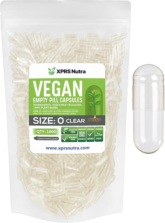 XPRS Nutra Size 0 Empty Capsules - 1000 Count Clear Empty Vegan Capsules - Vegetarian Pills - DIY Vegetable Capsule Filling - Veggie Pill Caps for Do-It-Yourself Supplements