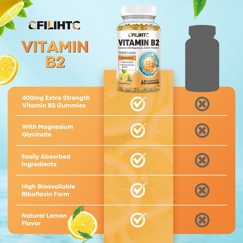 Vitamin B2 Gummies Riboflavin 400mg Supplement for Kids & Adults - Magnesium Glycinate, Zinc, CoQ10, Vitamin B12 - Migraine Relief & Energy, Nervous System Support, Sugar Free Lemon Flavor, 60ct