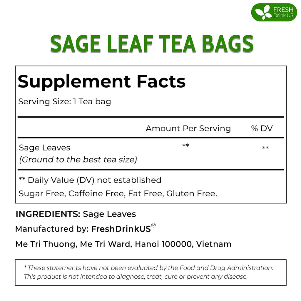 FreshDrinkUS, Premium 15 Sage Leaf Tea Bags, 100% Natural & Pure from Sage Leaves. Loose Leaf Sage Herbal Tea. Made with Natural Material Tea Bags. No Sugar, No Caffeine, No Gluten, Vegan.